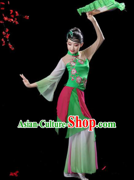 Chinese Classical Dance Green Dress Traditional Umbrella Dance Fan Dance Costumes for Women