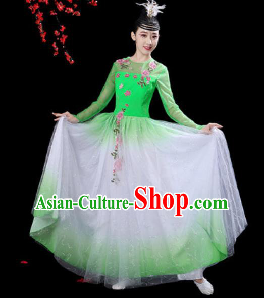 Chinese Classical Dance Green Veil Dress Traditional Umbrella Dance Fan Dance Costumes for Women