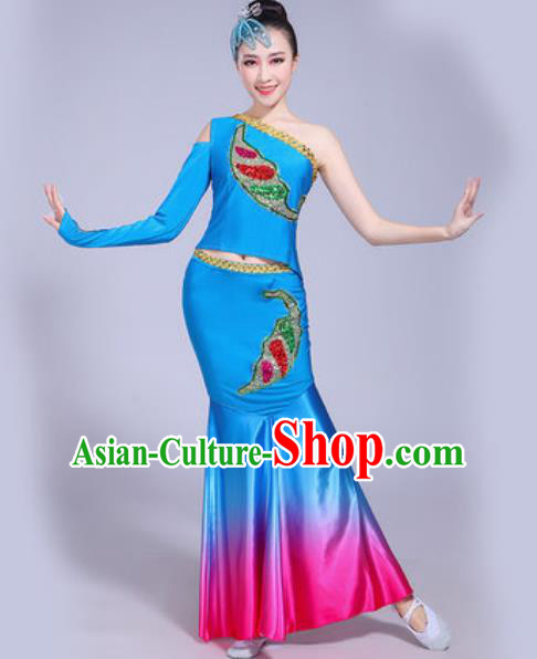 Traditional Chinese Dai Nationality Peacock Dance Costume Folk Dance Ethnic Pavane Blue Dress for Women