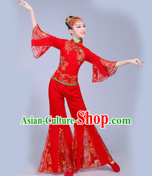 Chinese Traditional Yangko Dance Red Costumes Folk Dance Fan Dance Clothing for Women