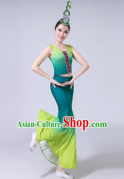 Chinese Ethnic Costumes Traditional Dai Nationality Peacock Dance Folk Dance Gradient Green Dress for Women