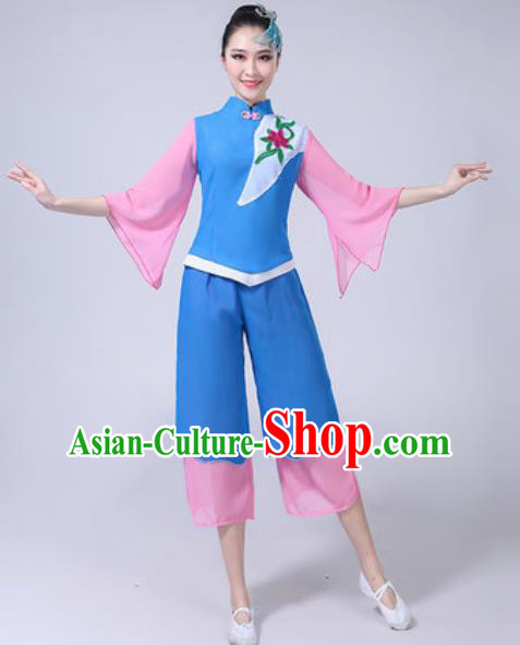 Traditional Chinese Folk Dance Yangko Dance Blue Costumes Fan Dance Clothing for Women