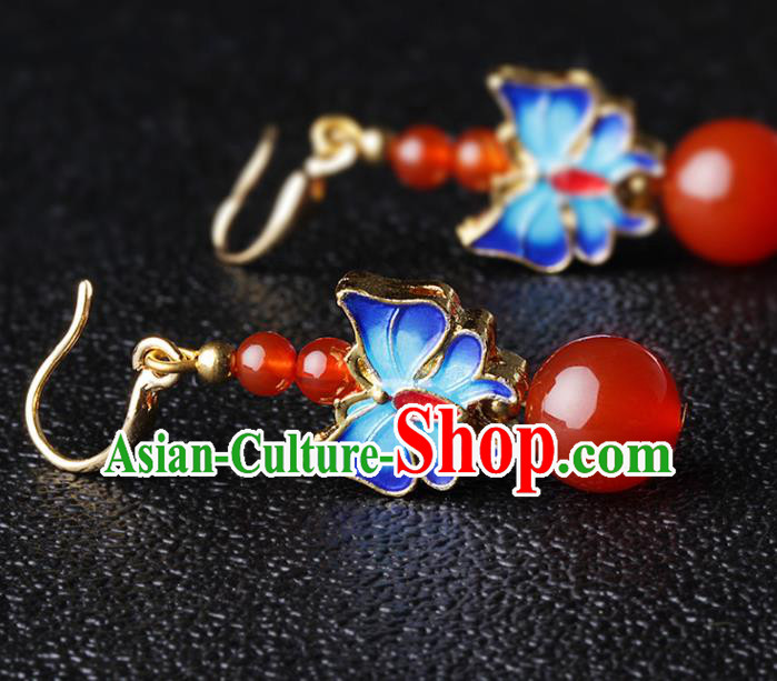 Chinese Traditional Jewelry Accessories National Hanfu Blueing Butterfly Agate Earrings for Women