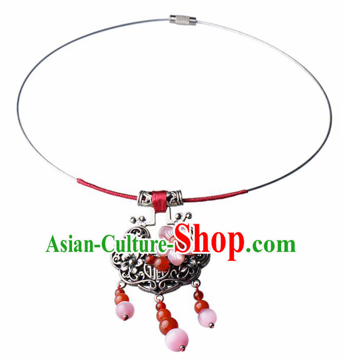 Chinese Traditional Jewelry Accessories National Hanfu Longevity Lock Pink Shell Necklace for Women