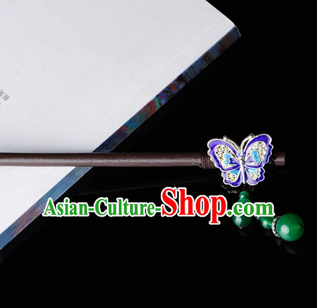 Chinese Traditional Hair Accessories National Hanfu Blueing Butterfly Wood Hairpins for Women