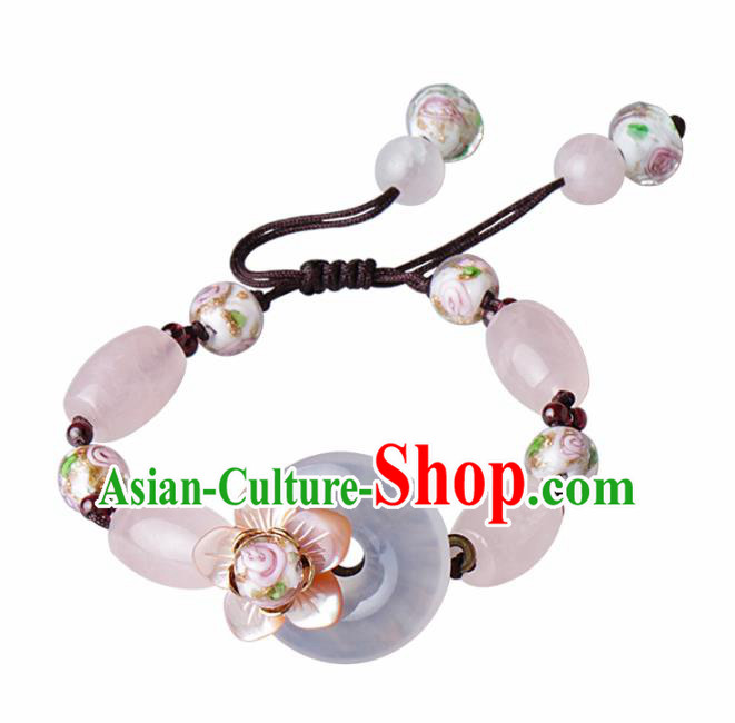 Chinese Traditional Jewelry Accessories National Hanfu Rose Quartz Beads Bracelet for Women
