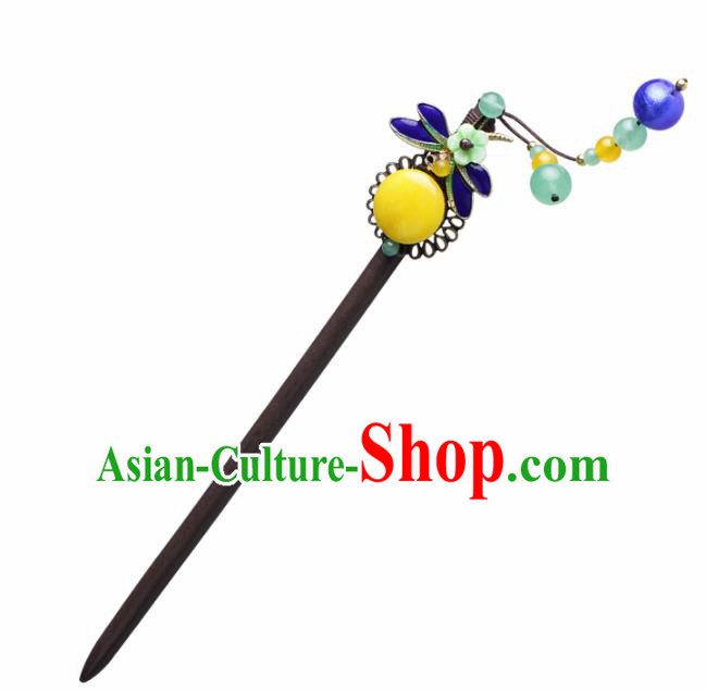 Chinese Traditional Hair Accessories National Hanfu Blueing Dragonfly Wood Hairpins for Women