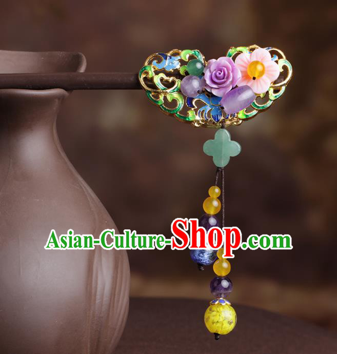 Chinese Traditional Hair Accessories National Hanfu Blueing Tassel Wood Hairpins for Women