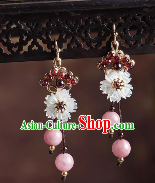 Chinese National Hanfu Classical Shell Flower Tassel Earrings Traditional Ear Jewelry Accessories for Women