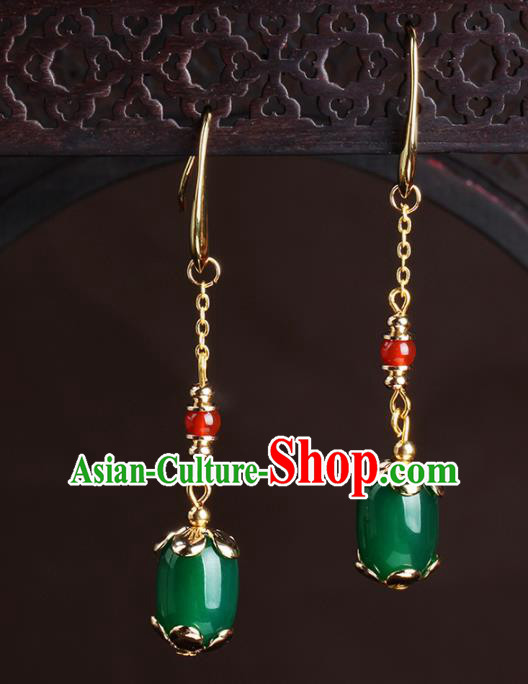 Chinese National Hanfu Classical Green Agate Earrings Traditional Ear Jewelry Accessories for Women
