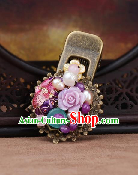 Chinese Traditional Hair Accessories National Hanfu Purple Flowers Pearls Hair Claw for Women