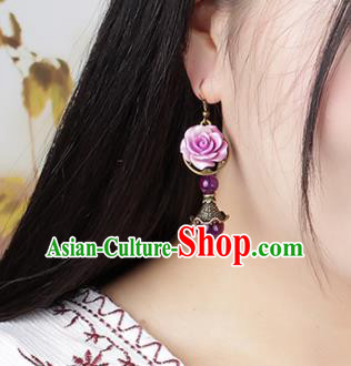 Chinese National Classical Hanfu Purple Rose Earrings Traditional Ear Jewelry Accessories for Women