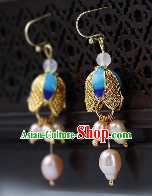 Chinese Yunnan National Classical Pearls Tassel Earrings Traditional Ear Jewelry Accessories for Women