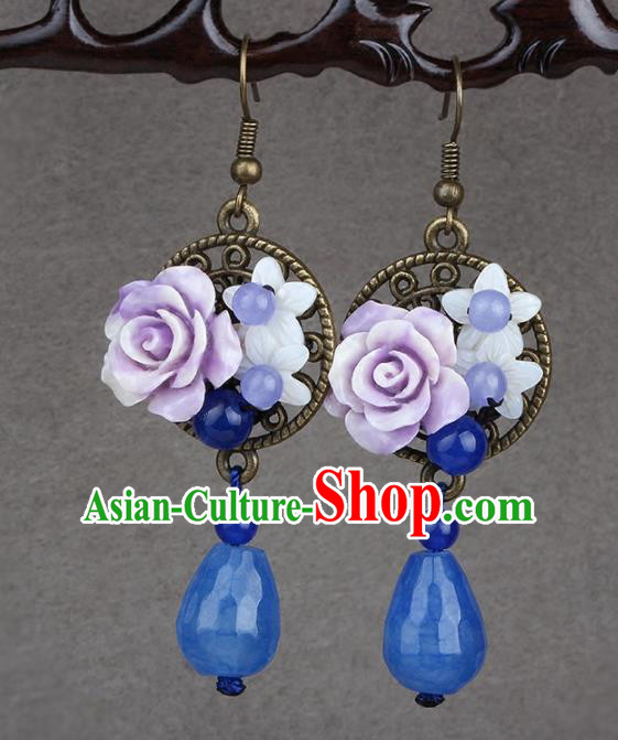 Chinese Yunnan National Classical Blue Chalcedony Earrings Traditional Ear Jewelry Accessories for Women