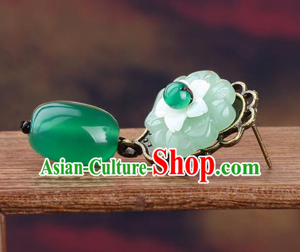 Chinese Yunnan National Classical Green Agate Earrings Traditional Hanfu Ear Jewelry Accessories for Women
