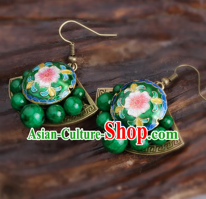 Chinese Yunnan National Cloisonne Green Earrings Traditional Classical Hanfu Ear Jewelry Accessories for Women