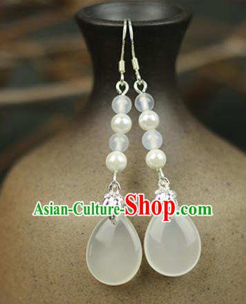 Chinese Handmade White Earrings Traditional Classical Hanfu Ear Jewelry Accessories for Women