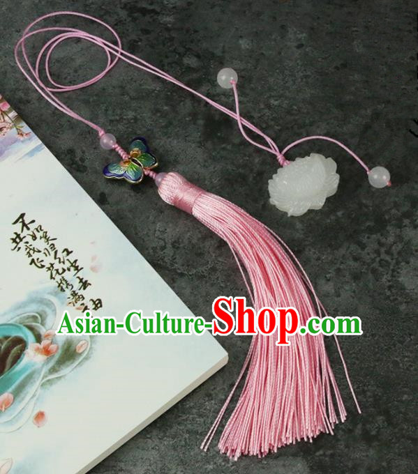 Handmade Chinese Traditional Pink Tassel Lotus Jade Pendant Traditional Classical Hanfu Jewelry Accessories for Women