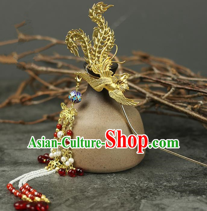 Handmade Chinese Traditional Golden Phoenix Tassel Hairpins Traditional Classical Hanfu Hair Accessories for Women
