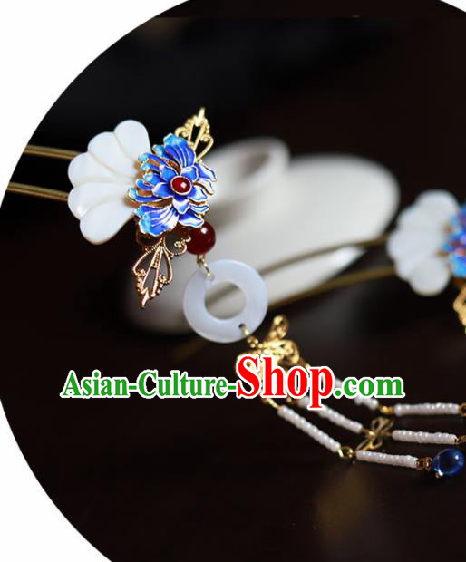 Handmade Chinese Traditional Blueing Lotus Shell Hairpins Ancient Classical Hanfu Hair Accessories for Women