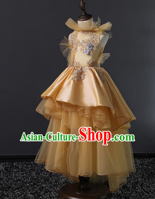Children Modern Dance Costume Stage Performance Princess Compere Golden Full Dress for Girls Kids