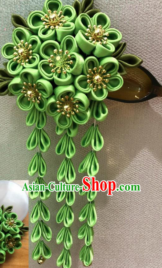Japanese Traditional Handmade Green Flowers Tassel Hairpins Asian Japan Classical Kimono Hair Accessories for Women
