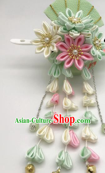 Asian Japanese Traditional Handmade Green Fan Hairpins Japan Classical Kimono Hair Accessories for Women