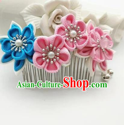 Asian Japanese Traditional Handmade Pink Flowers Hair Comb Japan Classical Kimono Hair Accessories for Women