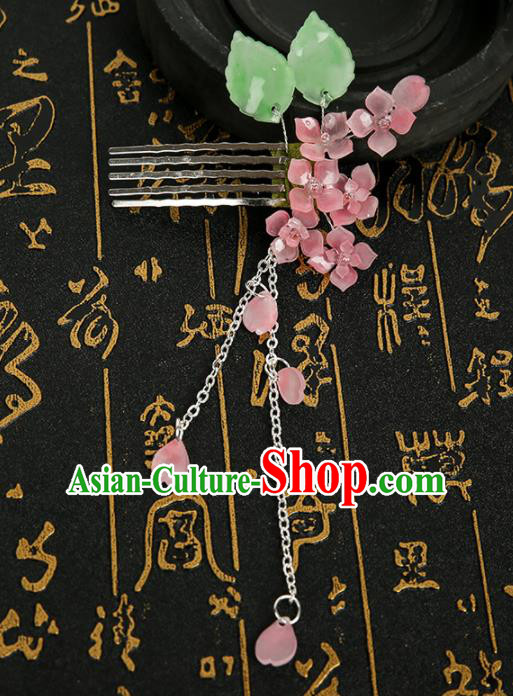 Chinese Ancient Traditional Hanfu Pink Flowers Tassel Hair Comb Handmade Classical Hair Accessories for Women