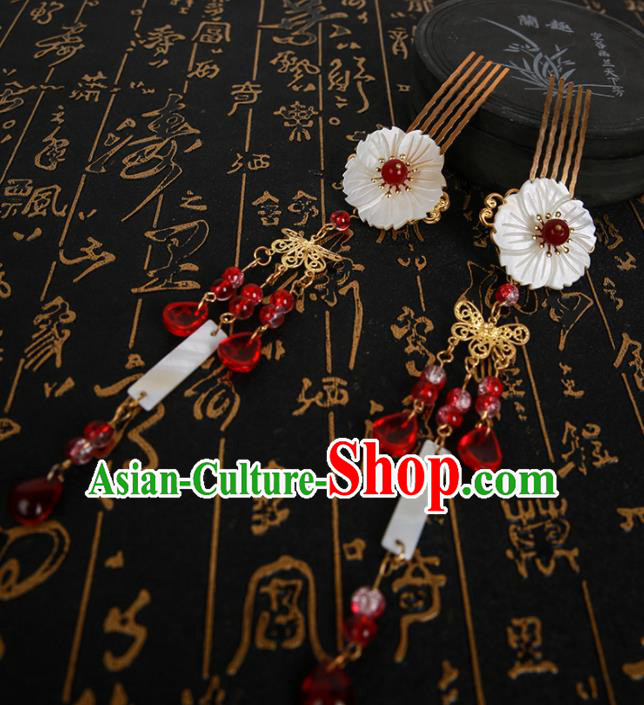 Chinese Ancient Traditional Hanfu Red Tassel Hair Comb Hairpins Handmade Classical Hair Accessories for Women