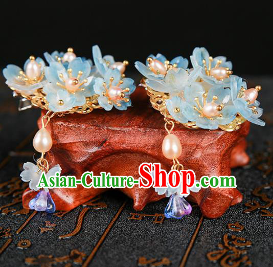 Chinese Ancient Traditional Hanfu Blue Flowers Hair Claws Handmade Classical Hair Accessories for Women