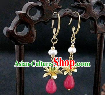 Chinese Ancient Handmade Tourmaline Earrings Traditional Classical Hanfu Ear Jewelry Accessories for Women