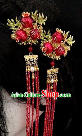 Chinese Ancient Traditional Red Pomegranate Tassel Hairpins Handmade Classical Hair Accessories for Women