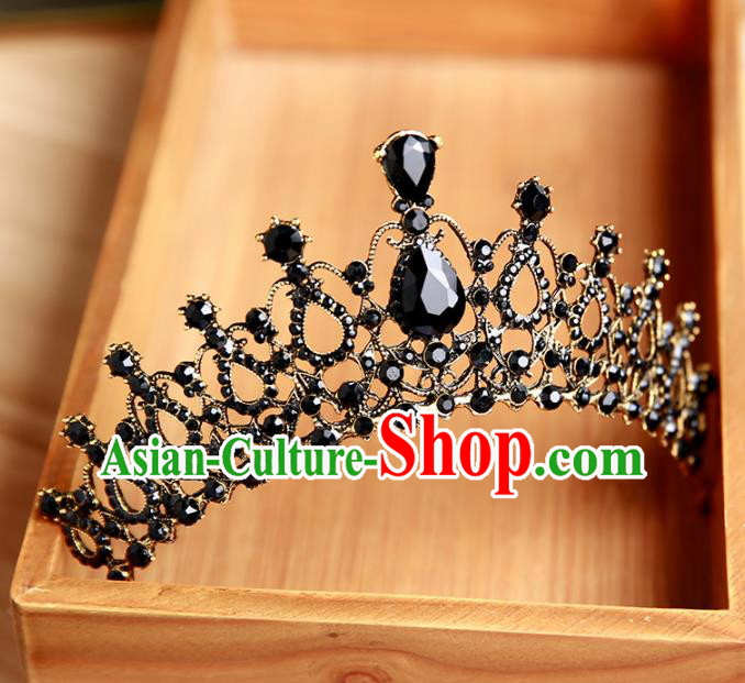 Handmade Top Grade Bride Hair Accessories Baroque Queen Black Royal Crown for Women