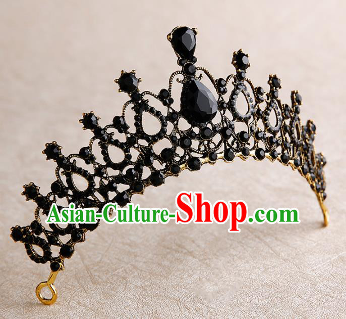 Handmade Top Grade Bride Hair Accessories Baroque Queen Black Royal Crown for Women
