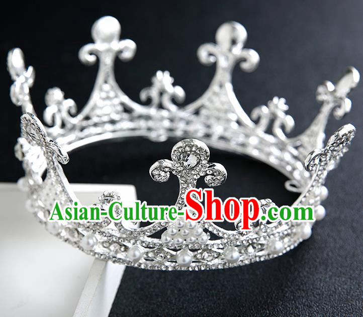 Handmade Top Grade Bride Pearls Round Royal Crown Hair Accessories Baroque Queen Crystal Hair Clasp for Women