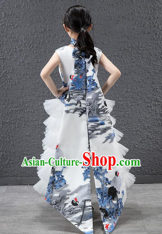 Children Modern Dance Costume Chinese Compere Catwalks White Veil Dress for Kids