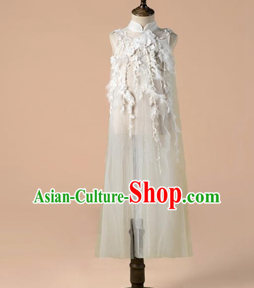 Children Catwalks Costume Girls Compere Modern Dance White Embroidered Full Dress for Kids
