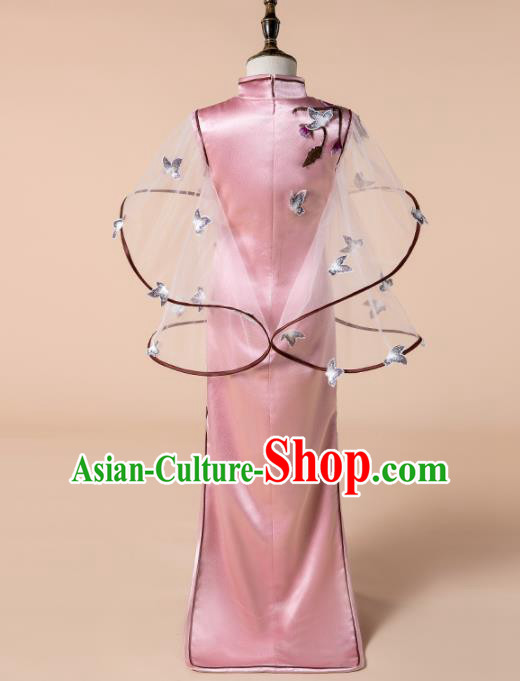 Children Princess Catwalks Costume Girls Compere Modern Dance Pink Qipao Dress for Kids
