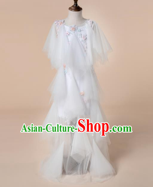 Children Princess Catwalks Costume Girls Compere Modern Dance White Veil Full Dress for Kids