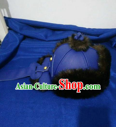 Traditional Chinese Mongol Nationality Hats Mongols Folk Dance Blue Leather Hat for Men