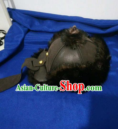 Traditional Chinese Mongol Nationality Hats Mongols Folk Dance Black Leather Hat for Men