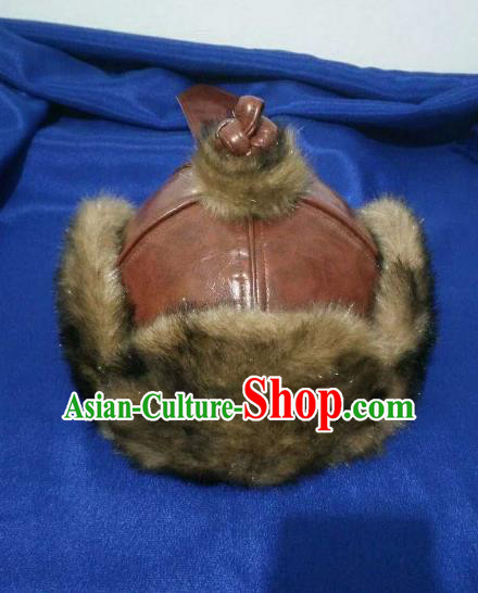 Traditional Chinese Mongol Nationality Hats Mongols Folk Dance Brown Leather Hat for Men