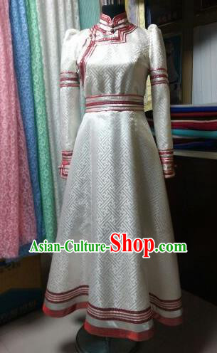 Traditional Chinese Mongol Nationality Costumes Mongolian Ethnic Female Folk Dance White Dress for Women