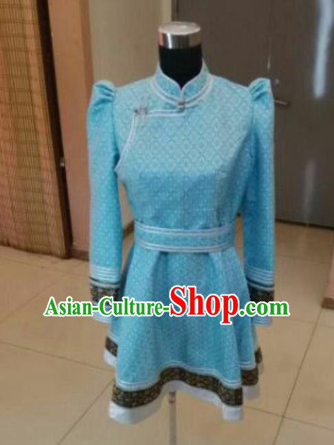 Traditional Chinese Mongol Nationality Folk Dance Costumes Mongolian Ethnic Female Blue Dress for Women