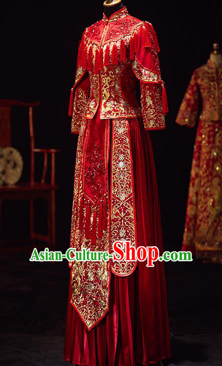 Chinese Traditional Wedding Costumes Ancient Bride Embroidered Xiuhe Suits Red Full Dress for Women