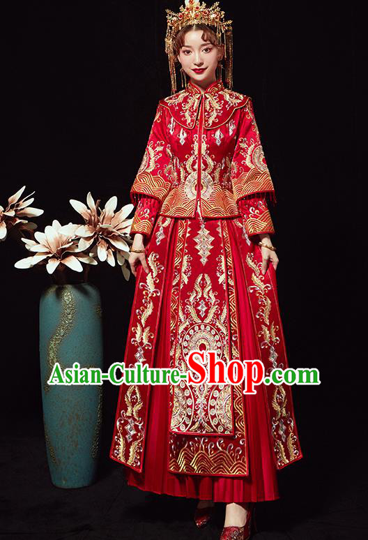 Chinese Traditional Wedding Costumes Ancient Bride Embroidered Red Xiuhe Suits Full Dress for Women