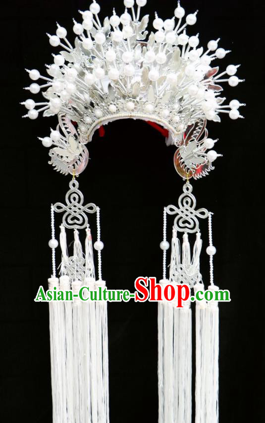 Chinese Traditional Peking Opera Bride White Phoenix Coronet Beijing Opera Princess Chaplet Hats for Women