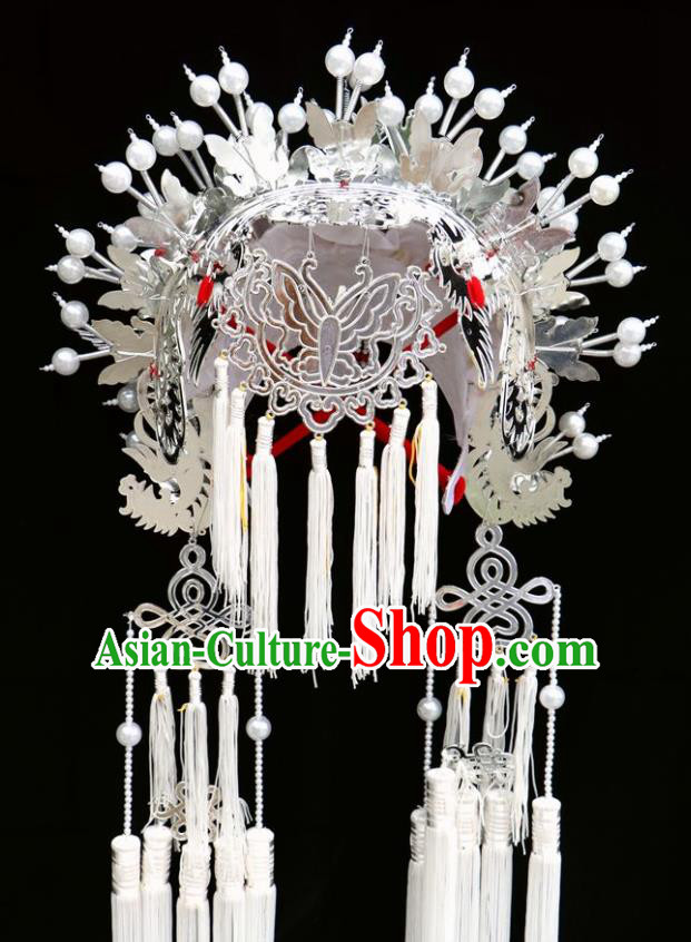 Chinese Traditional Peking Opera Bride White Phoenix Coronet Beijing Opera Princess Chaplet Hats for Women
