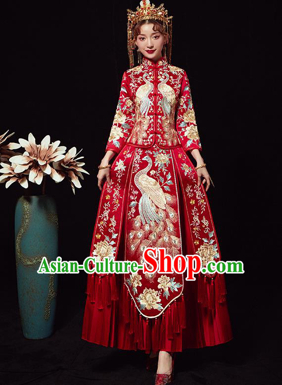 Chinese Traditional Wedding Costumes Embroidered Peacock Xiuhe Suits Ancient Bride Red Full Dress for Women